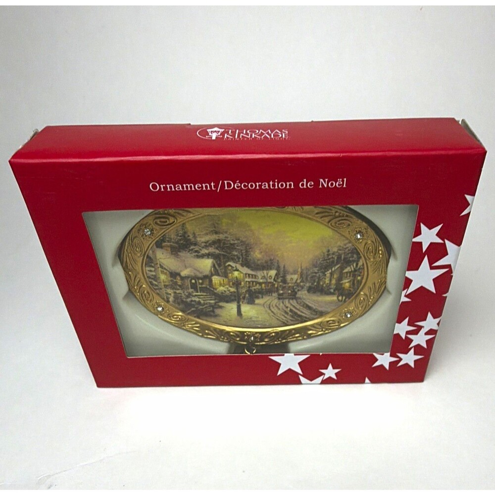 Thomas Kinkade Village Christmas 1997 Oval Hanging Ornament Gold Frame 4036356